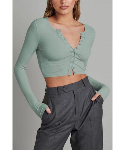 Women's Ribbed Button Down Long Sleeve Fitted Casual Crop Top Green $11.25 Blouses