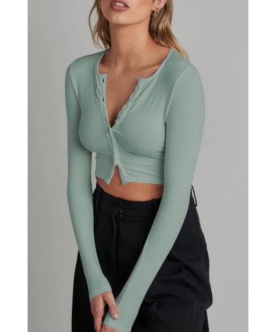 Women's Ribbed Button Down Long Sleeve Fitted Casual Crop Top Green $11.25 Blouses