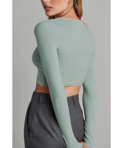 Women's Ribbed Button Down Long Sleeve Fitted Casual Crop Top Green $11.25 Blouses