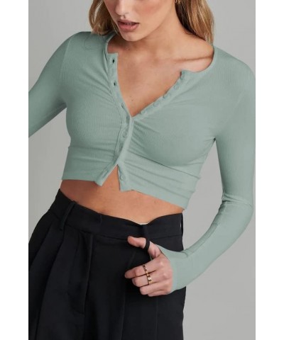 Women's Ribbed Button Down Long Sleeve Fitted Casual Crop Top Green $11.25 Blouses