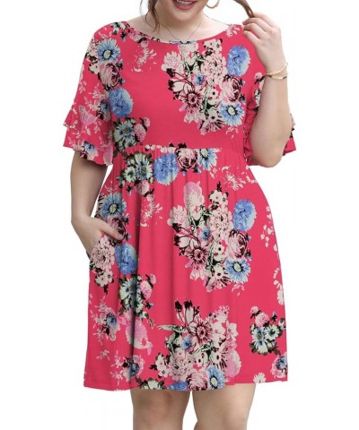 Women's Plus Size Short Sleeve Dress Casual Pleated Swing Dresses with Pockets Z-18 Red Flowers $17.69 Dresses