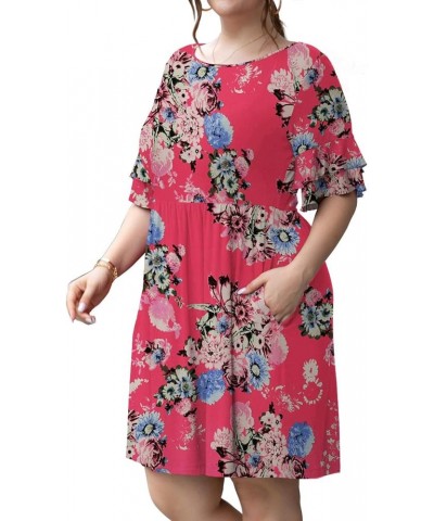 Women's Plus Size Short Sleeve Dress Casual Pleated Swing Dresses with Pockets Z-18 Red Flowers $17.69 Dresses