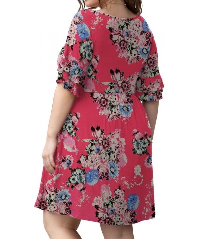 Women's Plus Size Short Sleeve Dress Casual Pleated Swing Dresses with Pockets Z-18 Red Flowers $17.69 Dresses