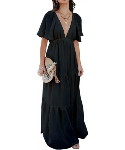 Women's Summer Maxi Dress Sexy V Neck Ruffle Sleeve Backless Pleated Tiered Flowy Dresses for Beach Vacation S-XL Black $25.4...