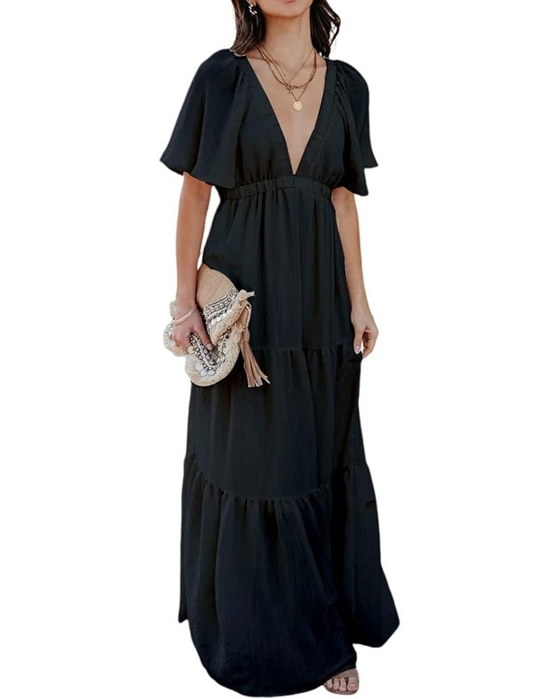 Women's Summer Maxi Dress Sexy V Neck Ruffle Sleeve Backless Pleated Tiered Flowy Dresses for Beach Vacation S-XL Black $25.4...