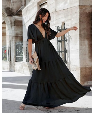 Women's Summer Maxi Dress Sexy V Neck Ruffle Sleeve Backless Pleated Tiered Flowy Dresses for Beach Vacation S-XL Black $25.4...