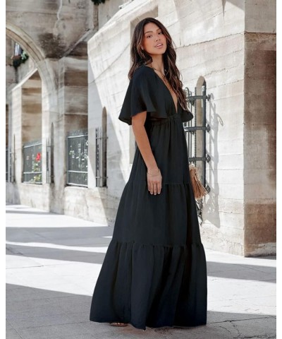 Women's Summer Maxi Dress Sexy V Neck Ruffle Sleeve Backless Pleated Tiered Flowy Dresses for Beach Vacation S-XL Black $25.4...