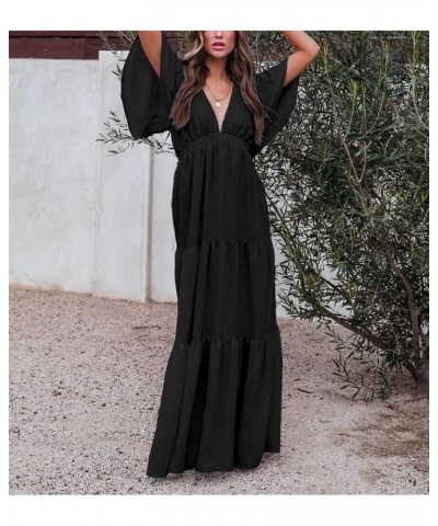 Women's Summer Maxi Dress Sexy V Neck Ruffle Sleeve Backless Pleated Tiered Flowy Dresses for Beach Vacation S-XL Black $25.4...