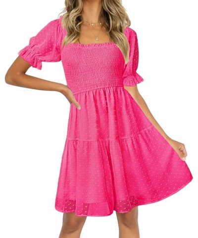 Womens Square Neck Puff Sleeve Mini Dress Summer Chiffon Swiss Dot Flowy Smocked Dress Hotpink $21.56 Dresses