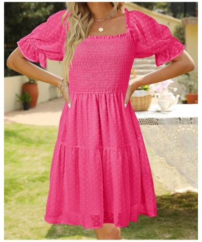 Womens Square Neck Puff Sleeve Mini Dress Summer Chiffon Swiss Dot Flowy Smocked Dress Hotpink $21.56 Dresses