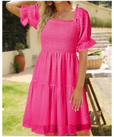 Womens Square Neck Puff Sleeve Mini Dress Summer Chiffon Swiss Dot Flowy Smocked Dress Hotpink $21.56 Dresses