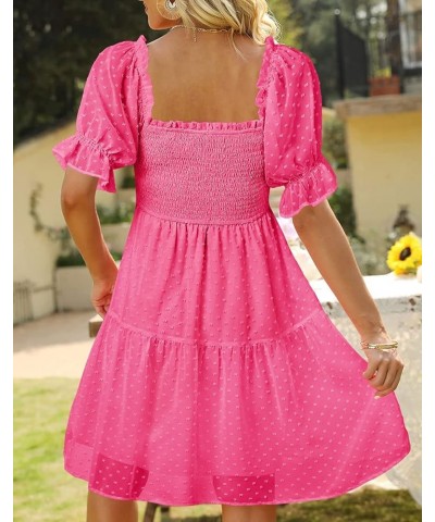 Womens Square Neck Puff Sleeve Mini Dress Summer Chiffon Swiss Dot Flowy Smocked Dress Hotpink $21.56 Dresses