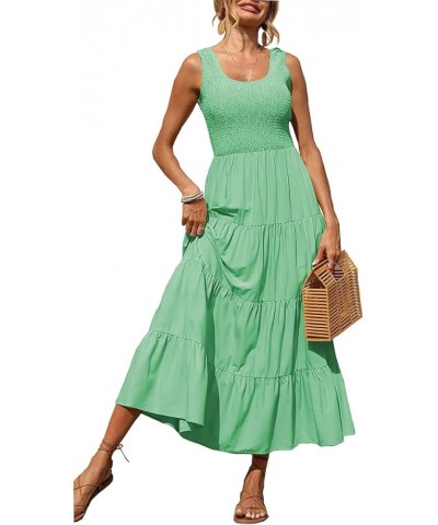 Women's Summer Smocked Maxi Dresses Sleeveless U Neck Ruffle Hem Tiered A Line Flowy Dress Light Green $24.35 Dresses