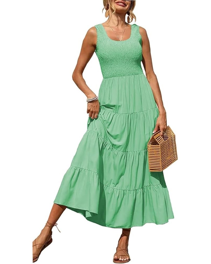 Women's Summer Smocked Maxi Dresses Sleeveless U Neck Ruffle Hem Tiered A Line Flowy Dress Light Green $24.35 Dresses