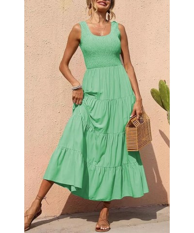 Women's Summer Smocked Maxi Dresses Sleeveless U Neck Ruffle Hem Tiered A Line Flowy Dress Light Green $24.35 Dresses