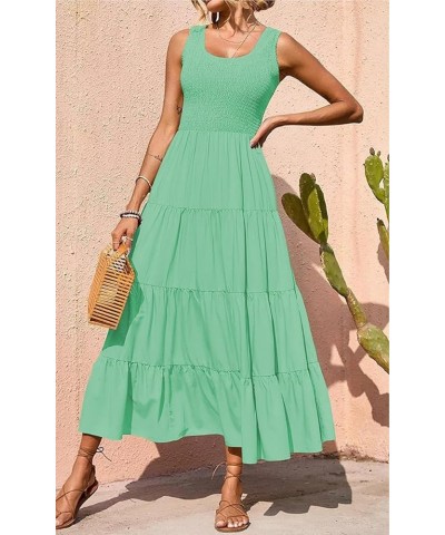 Women's Summer Smocked Maxi Dresses Sleeveless U Neck Ruffle Hem Tiered A Line Flowy Dress Light Green $24.35 Dresses