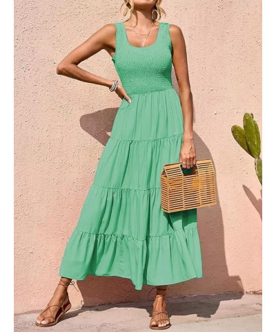 Women's Summer Smocked Maxi Dresses Sleeveless U Neck Ruffle Hem Tiered A Line Flowy Dress Light Green $24.35 Dresses