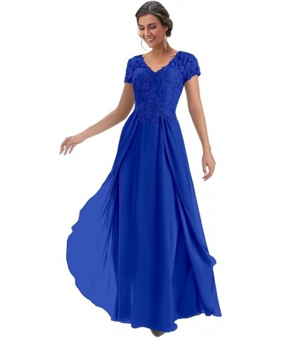 Chiffon Mother of The Bride Dresses for Wedding V Neck Lace Formal Evening Dress with Sleeves Royal Blue $38.24 Dresses