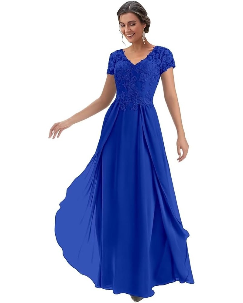 Chiffon Mother of The Bride Dresses for Wedding V Neck Lace Formal Evening Dress with Sleeves Royal Blue $38.24 Dresses