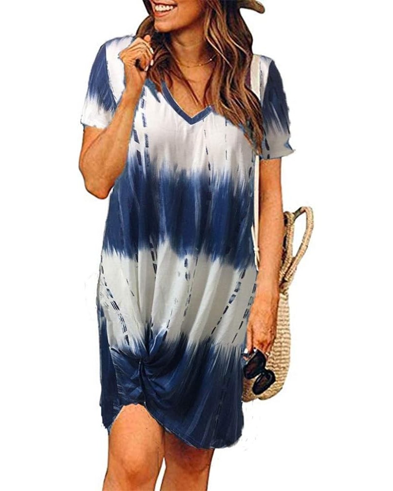 Women's Summer Twist Knot Tshirt Dresses Casual V Neck Short Sleeve Knot Dress Y-blue Floral $14.21 Dresses