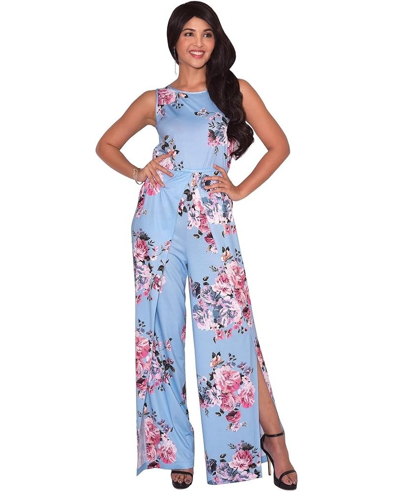 Womens Floral Print Sleeveless Wide Leg One Piece Romper Playsuit Jumper Blue & Pink $23.75 Jumpsuits