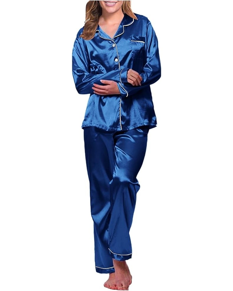 Satin Silk Pajamas for Women Soft Button Up Pajama Set Long Sleeve Shirt and Pajama Pants Lounge Sets M-5XL Blue $5.09 Sleep ...