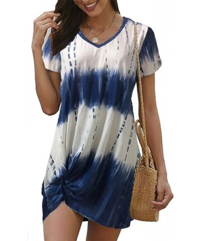 Women's Summer Twist Knot Tshirt Dresses Casual V Neck Short Sleeve Knot Dress Y-blue Floral $14.21 Dresses