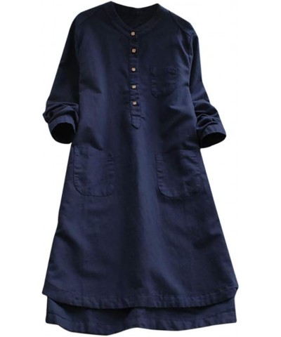 Women Plus Size Cotton Linen Button Down Shirt Dress Long Sleeve Casual Loose Pockets Mini Tunic Dress Navy $7.55 Dresses