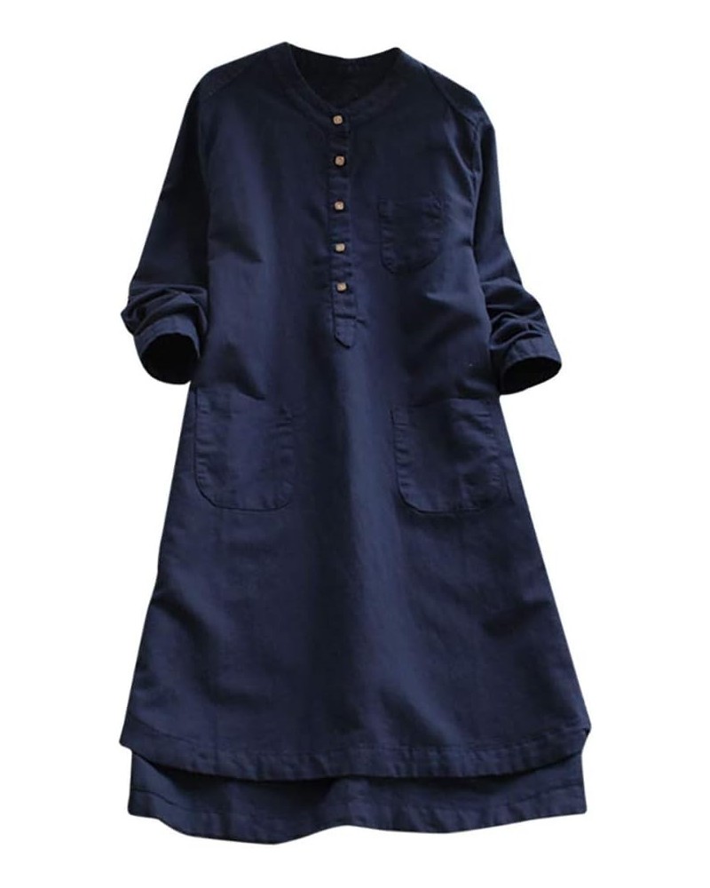 Women Plus Size Cotton Linen Button Down Shirt Dress Long Sleeve Casual Loose Pockets Mini Tunic Dress Navy $7.55 Dresses