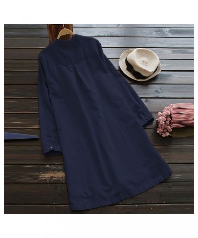 Women Plus Size Cotton Linen Button Down Shirt Dress Long Sleeve Casual Loose Pockets Mini Tunic Dress Navy $7.55 Dresses