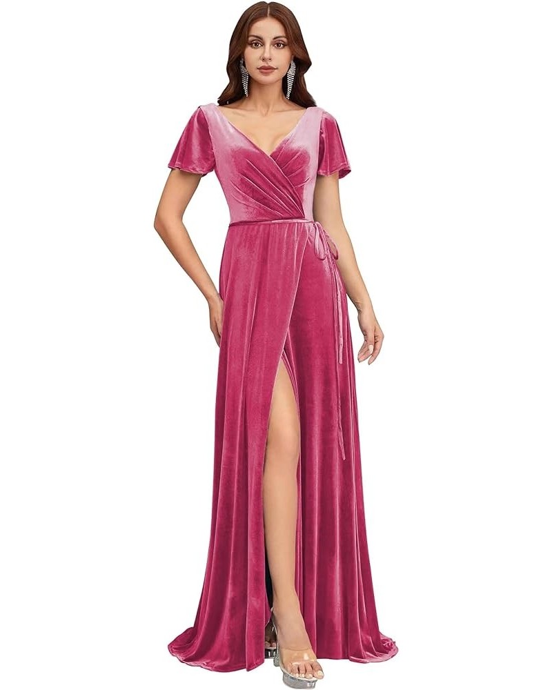 Women's Short Sleeves Bridesmaid Dresses V Neck Velvet Formal Party Dress with Slit BF51 Hot Pink $40.14 Dresses