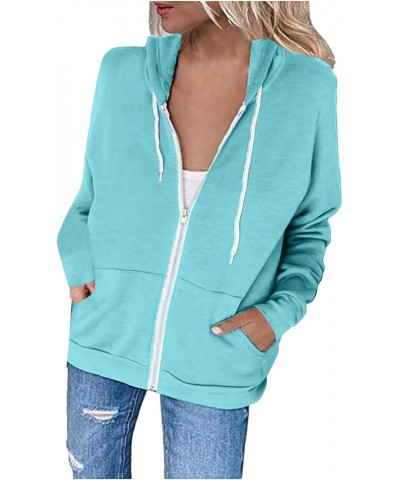 Womens Full Zip Up Hoodie Drawstring Kangaroo Pocket Long Sleeve Jacket Hoodies Loose Fit Fashion 2023 Sweatshirts Light Blue...