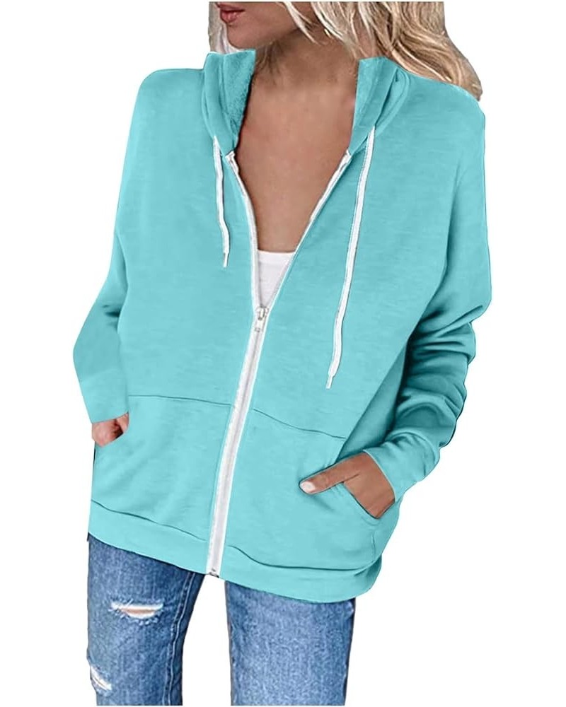 Womens Full Zip Up Hoodie Drawstring Kangaroo Pocket Long Sleeve Jacket Hoodies Loose Fit Fashion 2023 Sweatshirts Light Blue...