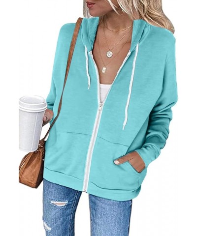 Womens Full Zip Up Hoodie Drawstring Kangaroo Pocket Long Sleeve Jacket Hoodies Loose Fit Fashion 2023 Sweatshirts Light Blue...