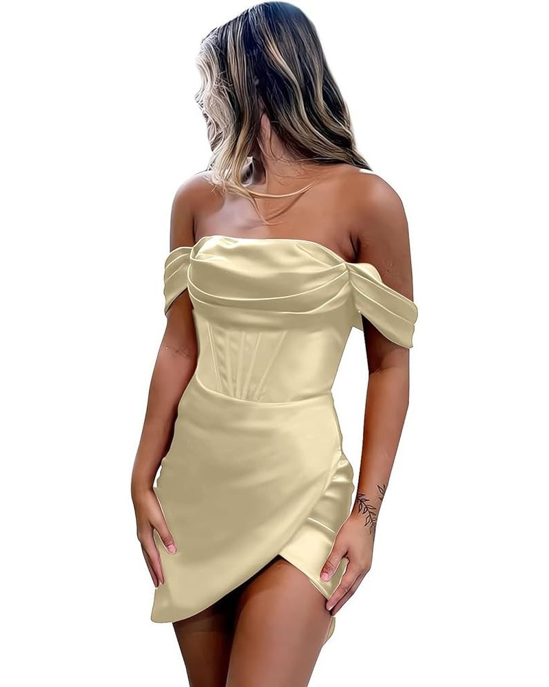 Off Shoulder Short Corset Homecoming Dresses Tight Satin Prom Dress for Teens Cocktail Party Gown 2023 Champagne $18.90 Dresses