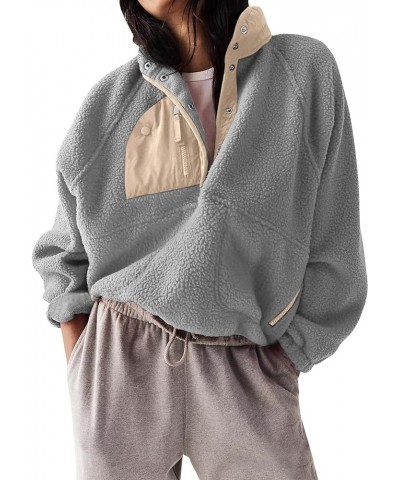 Women's Winter Fleece Jacket Half Button Fuzzy Pullovers Fluffy Colorblock Sweatshirt with Pockets Grey $16.50 Jackets