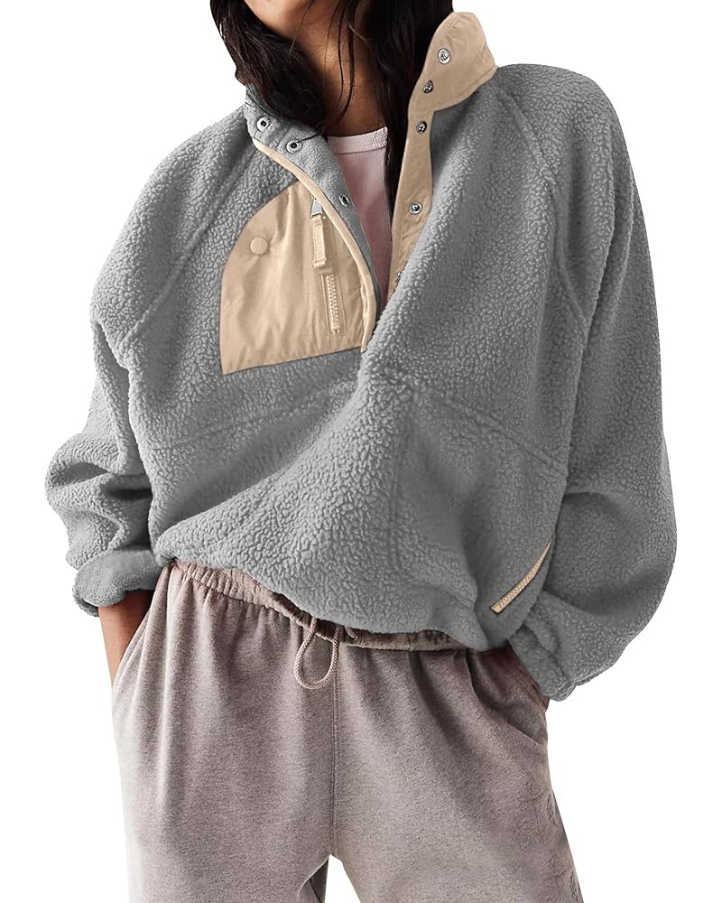 Women's Winter Fleece Jacket Half Button Fuzzy Pullovers Fluffy Colorblock Sweatshirt with Pockets Grey $16.50 Jackets