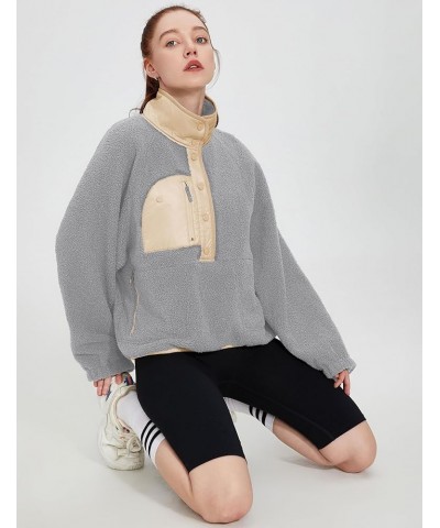 Women's Winter Fleece Jacket Half Button Fuzzy Pullovers Fluffy Colorblock Sweatshirt with Pockets Grey $16.50 Jackets