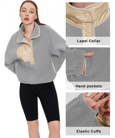 Women's Winter Fleece Jacket Half Button Fuzzy Pullovers Fluffy Colorblock Sweatshirt with Pockets Grey $16.50 Jackets