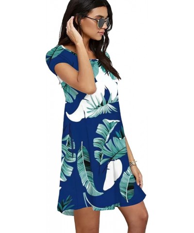 Womens Summer Dress Casual Crewneck Swing Tunic Dress with Pockets E-blue Floral $17.69 Dresses