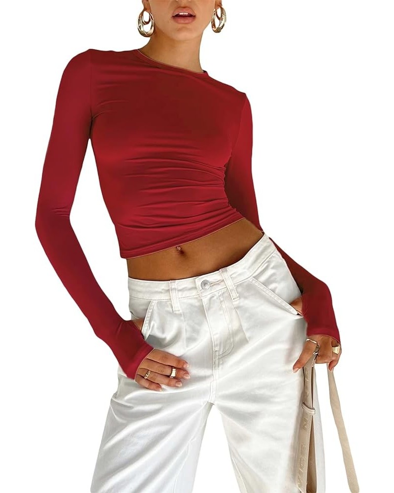 Women Long Sleeve Tight Crop Tops Solid Color Crew Neck Slim Fit Tee Shirt Basic Fitted Cropped Top Shirt A-red $6.62 T-Shirts