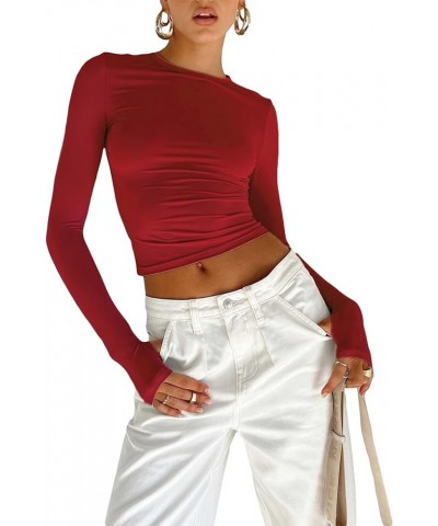 Women Long Sleeve Tight Crop Tops Solid Color Crew Neck Slim Fit Tee Shirt Basic Fitted Cropped Top Shirt A-red $6.62 T-Shirts