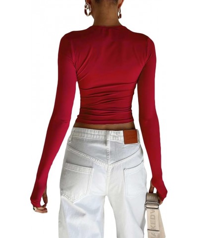 Women Long Sleeve Tight Crop Tops Solid Color Crew Neck Slim Fit Tee Shirt Basic Fitted Cropped Top Shirt A-red $6.62 T-Shirts