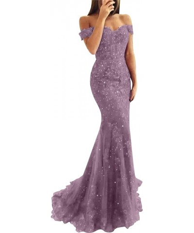 Lace Mermaid Prom Dresses for Women Bodycon Off The Shoulder Formal Dress with Train BD409 Wisteria $44.10 Dresses