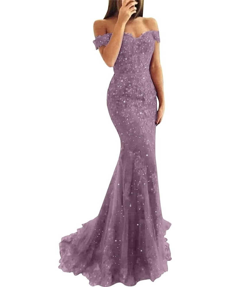 Lace Mermaid Prom Dresses for Women Bodycon Off The Shoulder Formal Dress with Train BD409 Wisteria $44.10 Dresses