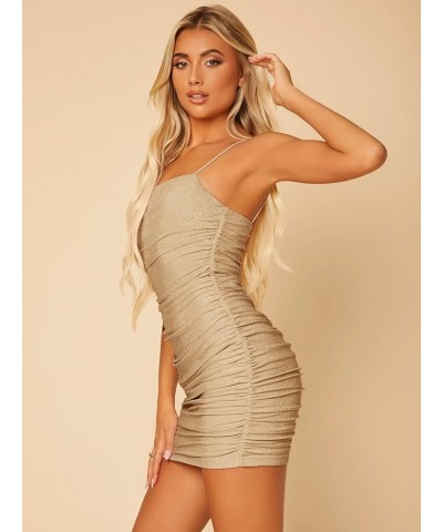 Women's Glitter Sleeveless Ruched Party Clubwear Bodycon Mini Dress Khaki $9.68 Dresses