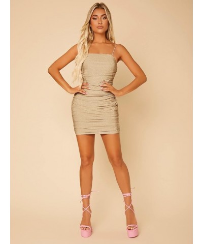 Women's Glitter Sleeveless Ruched Party Clubwear Bodycon Mini Dress Khaki $9.68 Dresses