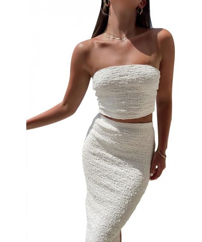 Vintage Lace Maxi Skirt Set Women 2 Piece Outfit Strapless Split Tube Top and Maxi Skirt Set Going Out Textured White $13.92 ...