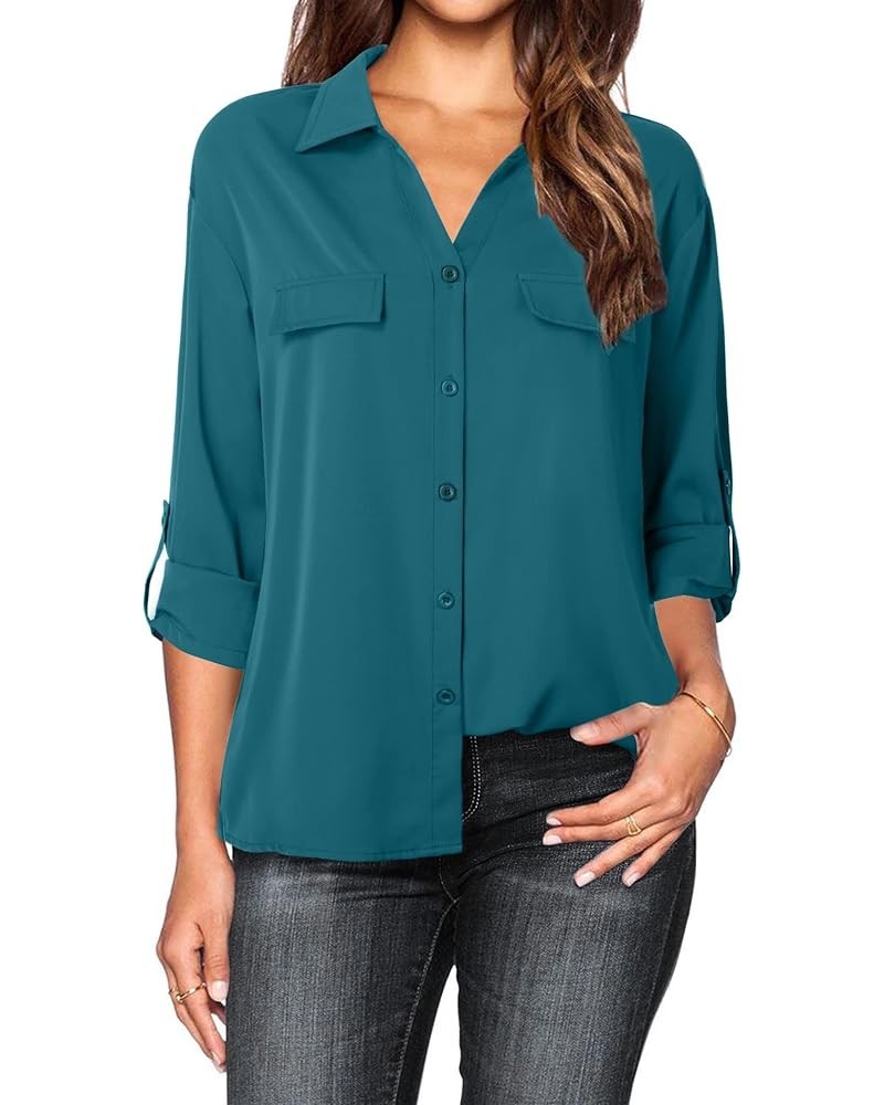 Women's Dressy Lapel Button Down Shirts for Work Office Business Casual Chiffon Blouse Tops 1 Ocean Depths $18.28 Blouses