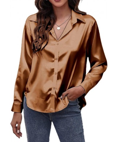 Women's Satin Silk Button Down Shirt Loose Long Sleeve V Neck Formal Work Office Blouse Top Brown $10.59 Blouses